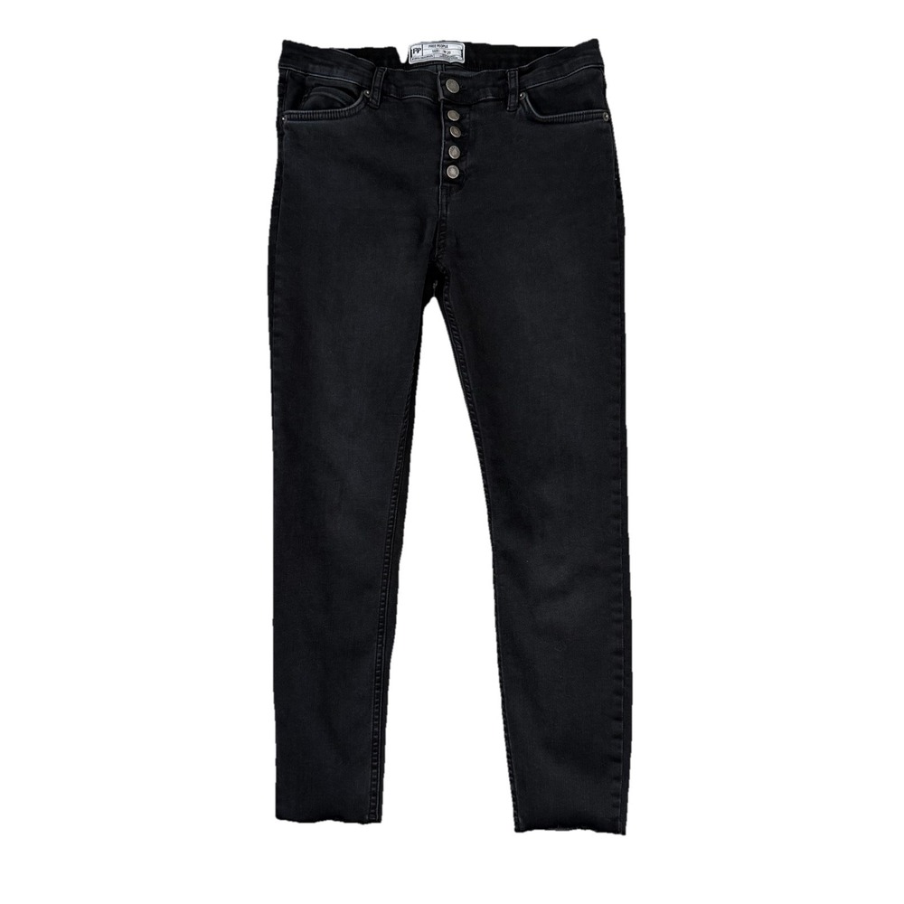 Free People Jeans Womens 29 Black Mid Rise Skinny Button Fly Dark Wash Denim